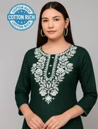 Gulab Design Cotton Embroidery Long Kurti For Women (Green) Size (XL)