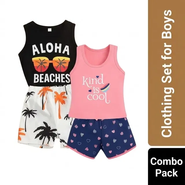 Cotton Blend Printed Clothing Set for Boys, Combo Pack of 2, Black & Peach & Blue, 0-6 Months