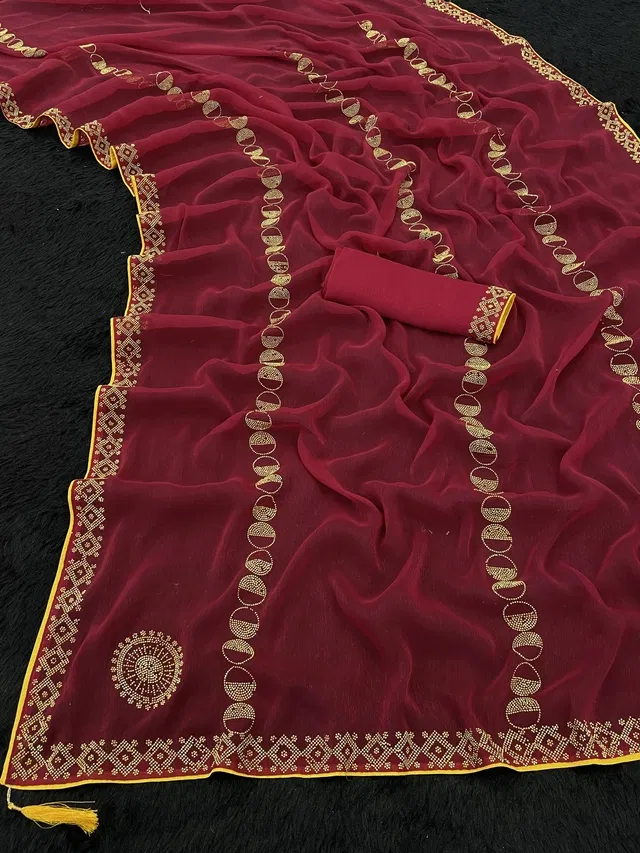 Crepe Solid Saree for Women (Mahroon, 6.3 m)
