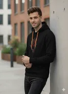 Fleece Printed Hoodie for Men, Black 