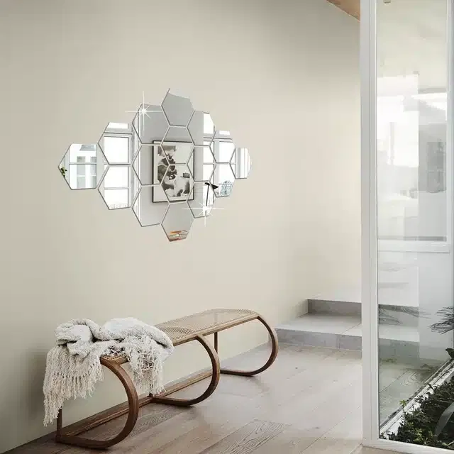 Acrylic Hexagon Shaped Wall Mirror Stickers (Silver, Pack of 16)