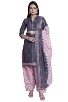 Cotton Blend Floral Kurti with Pant & Dupatta for Women 