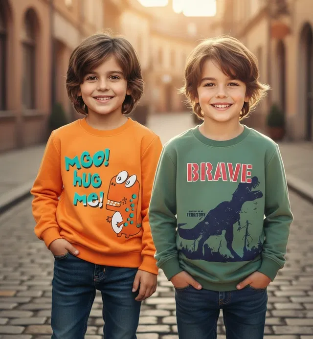 Round Neck Printed Wool Sweat Shirt For Boys, Multicolour (6-7 Years) ,Pack Of 2