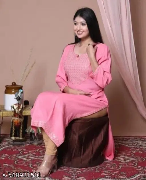 Solid Embroidered Rayon Slub Kurti for Women (Pink, XXXL)