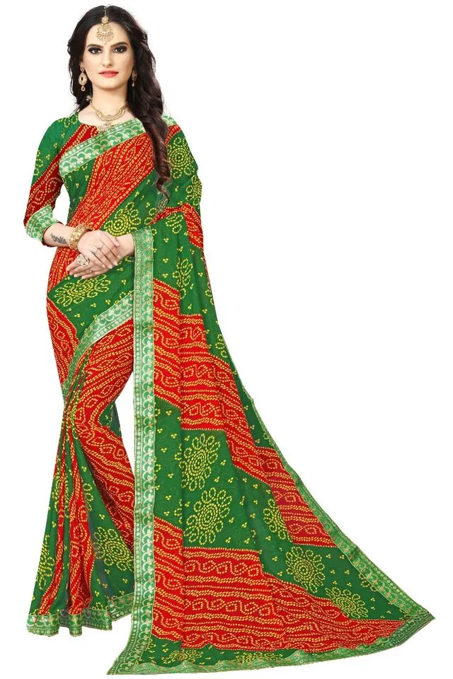Kanooda Fancy Women Georgette Flower Printed Saree (Green, 5.5 M)