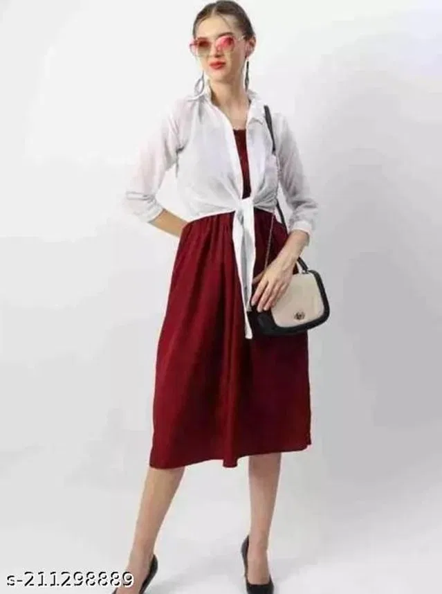 Poly Crepe Dress for Women (Maroon & White, XL)