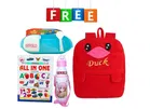Combo of Fabric School Bag, Water Bottle, Lunch Box with All in One Book for Kids 