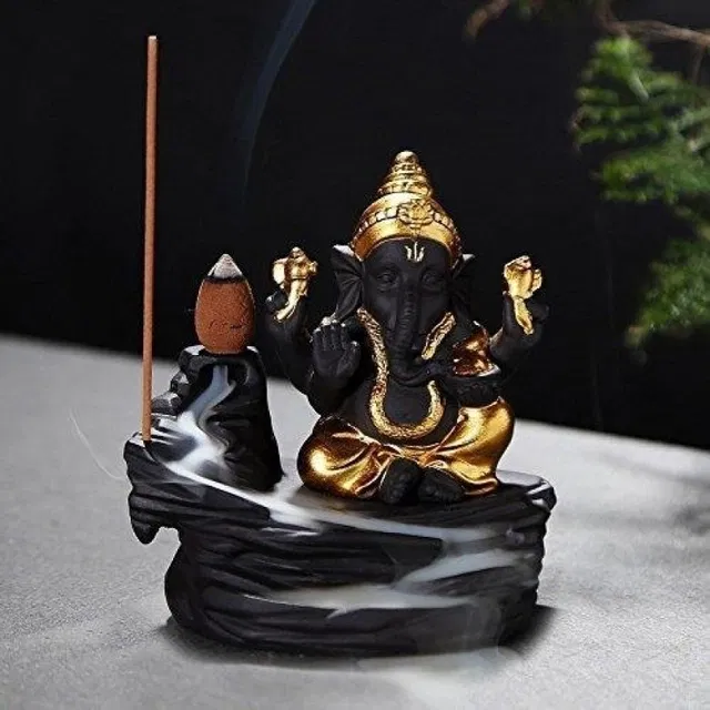 Jiyansh Creation Polyresin Ganesha Smoke Fountain Backflow Waterfall Cone Incense Holder Showpiece Statue with 10 Units Backflow Incense Cones (Golden) (Pack Of 1)