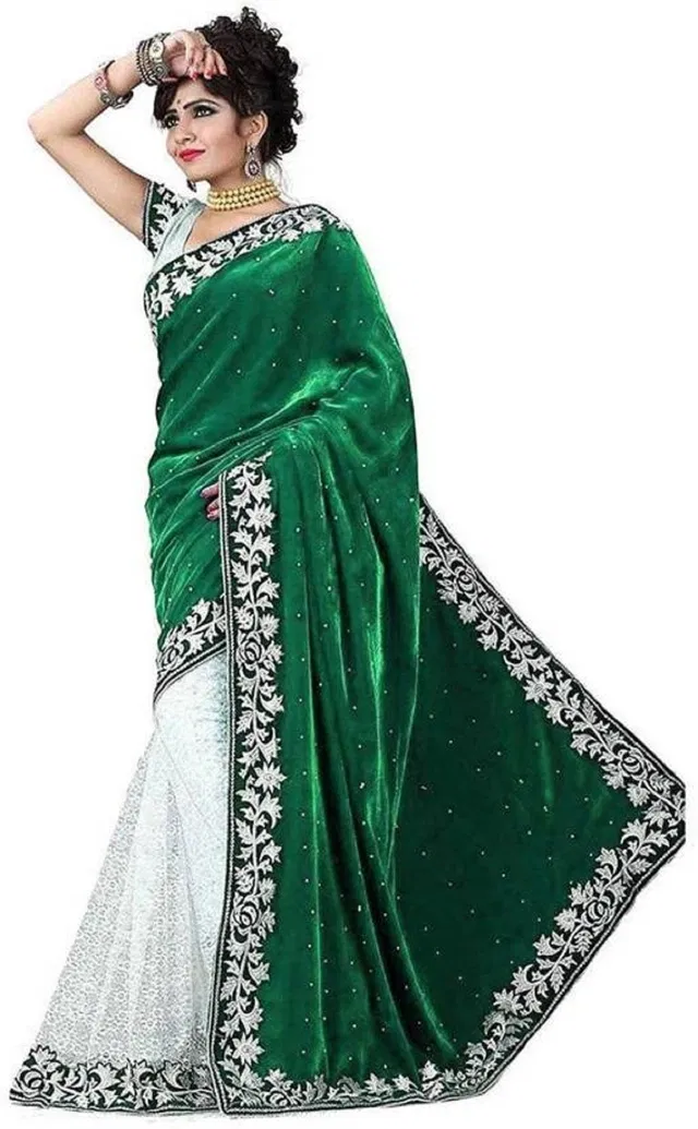 Velvet Embellished Saree for Women (Green, 6.3 m)