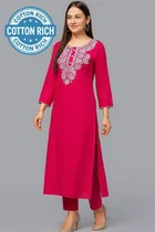 Gulab Design Cotton Embroidery Long Kurti For Women (Pink) Size (XL)