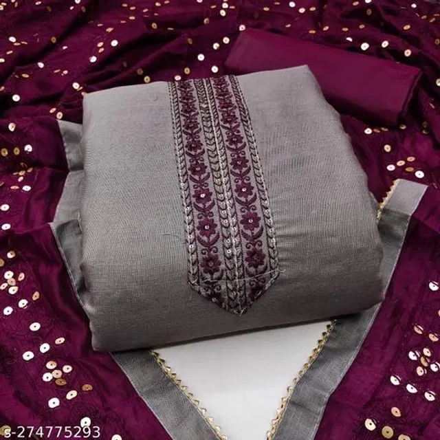 Cotton Embroidered Unstitched Suit for Women (Grey & Wine, 2.25 m)