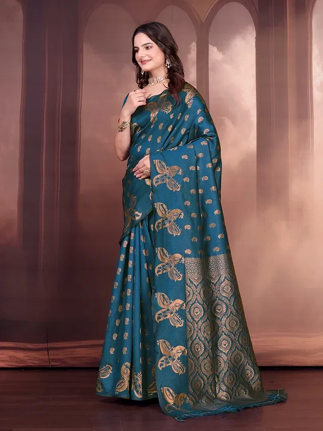 Banarasi Silk Embroidered Saree for Women (Teal, 6.3 m)