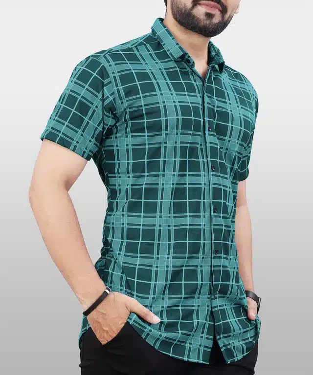 Half Sleeves Checkered Shirt for Men (Green, XXL)