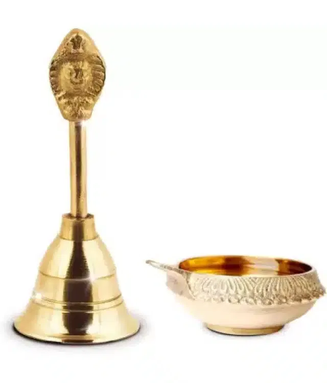Brass Diya & Pooja Bell (Set of 2, Gold)
