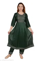 Rayon Embellished Kurti with Pant for Women (Olive, S)