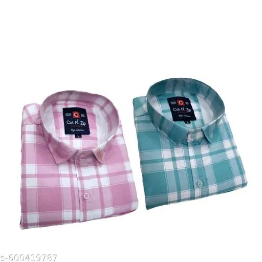 Cotton Blend Checked Shirt for Men, Pink & M-Green (L) Pack of 2