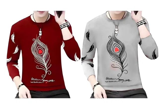Round Neck Printed T-Shirt for Men (Grey & Maroon, M) (Pack of 2)