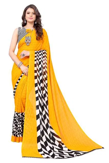 Women Georgette Printed Saree With Unstitched Blouse (Yellow) (SD-35)
