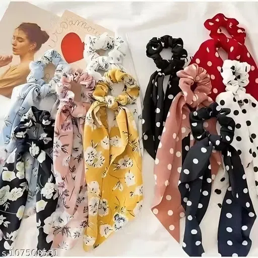 Polyester Printed Scrunchies for Women, Multicolor, Pack of 10