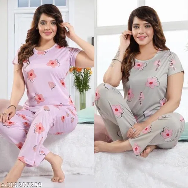 Satin Nightsuit for Women (Purple & Grey, XL) (Pack of 2)