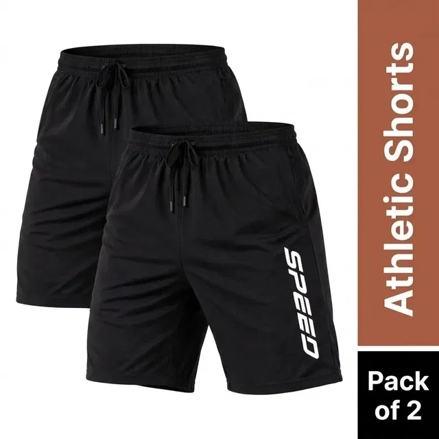 Polycotton Athletic Shorts for Men - Pack of 2, Black, L