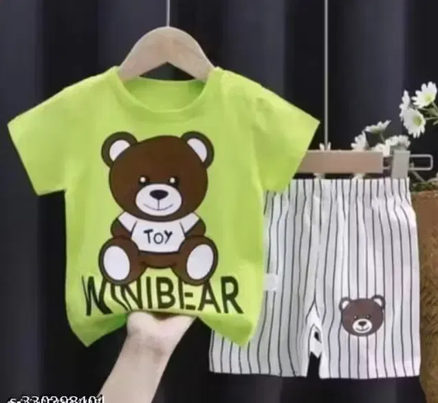 Teddy Bear Print Cotton Clothing Set for Kids ,Green & White (18-24 Months)