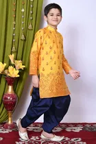 Dupion Silk Printed Kurta with Dhoti for Boys, Yellow & Navy Blue 