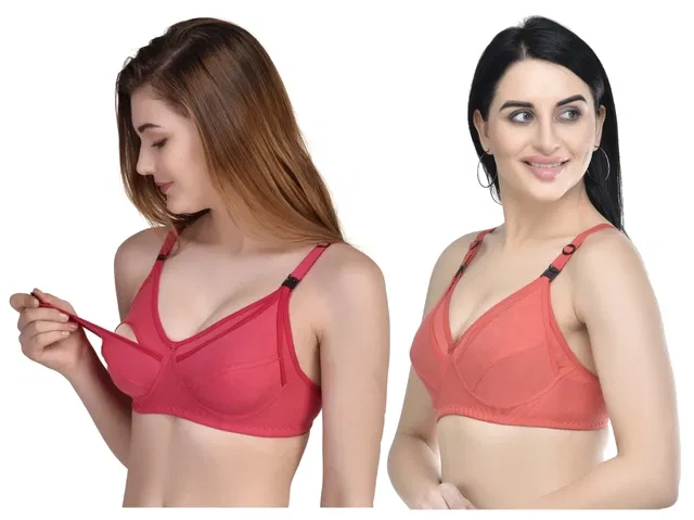 Cotton Blend Solid Non Padded Feeding Bras for Women (Multicolor, 34) (Pack of 2)