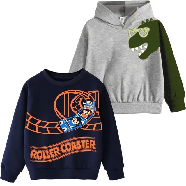 Cotton Printed Sweatshirt for Kids (Navy Blue & Grey, 18-24 Months) (Pack of 2)