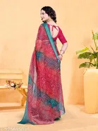 Linen Zari Checks Bandhani Printed Organza Saree for Women 