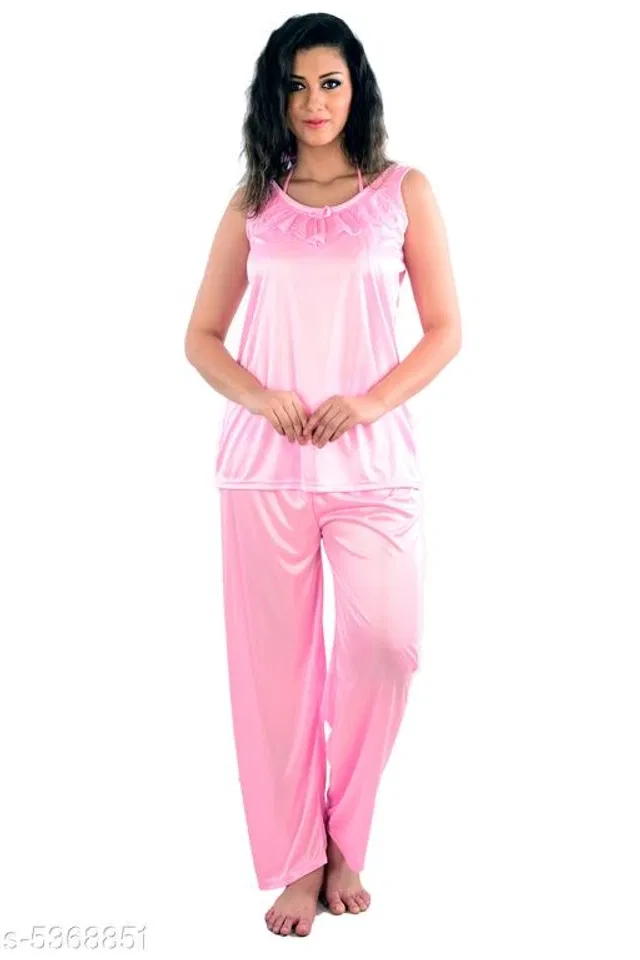 Satin Nightsuit Set for Women (Pink, L)