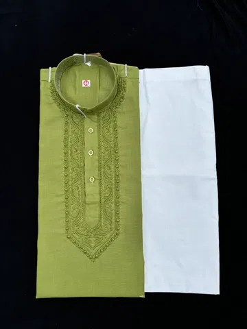 Cotton Embroidered Kurta with Pyjama for Men (Mint Green & White, XXL)