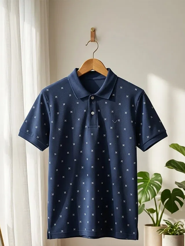 Printed Polo T-shirt for Men (Navy Blue, M)