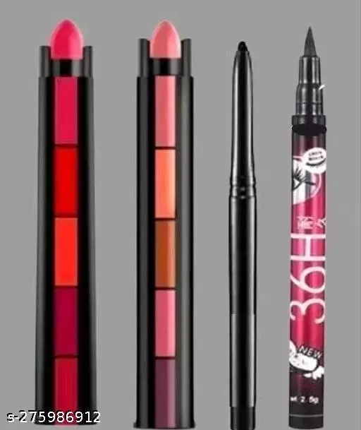 Rsentera Combo of 5 in 1 matte finish 5 Shades lipstick Red edition and edition, 36 H waterproof long-lasting Eyeliner, Deep Black Kajal (Pack of 4)