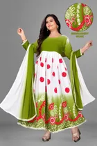 Jute Silk Printed Anarkali Kurti with Dupatta for Women (Olive & White, S)