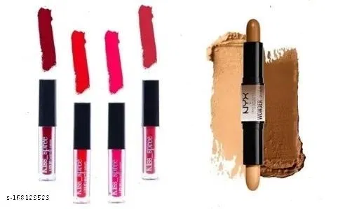 2 in 1 Contour Stick with 4 Pcs Liquid Lipstick (Multicolor, Set of 5)