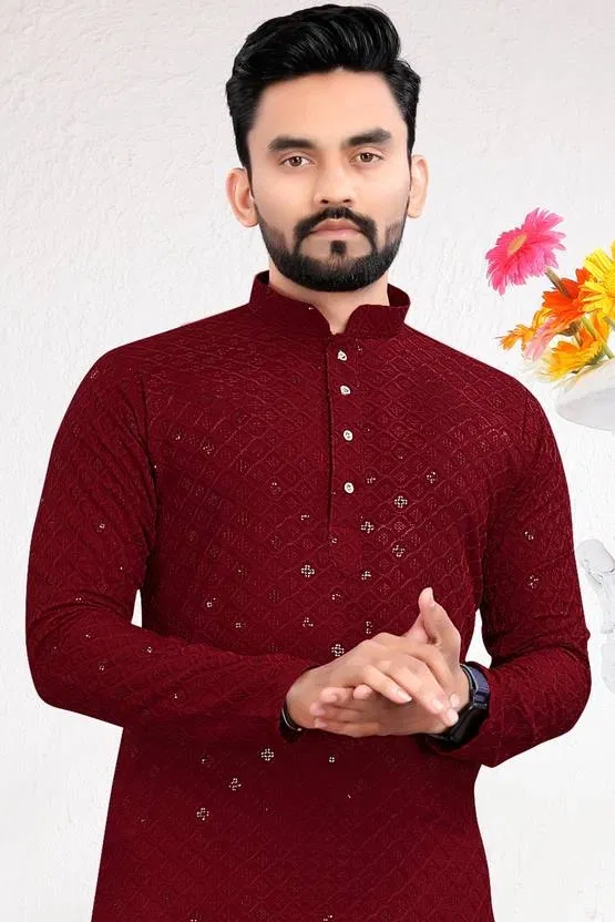 Cotton Blend Sequin Kurta for Men (Maroon, L)