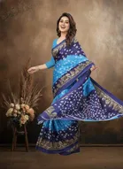 Art Silk Printed Saree for Women, Blue 