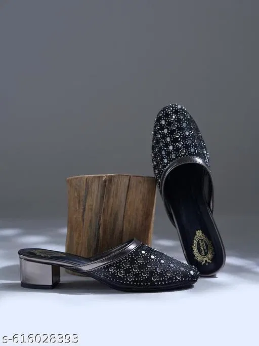 Shoetopia Black Embellished Heel Sandals (Size IND-7)