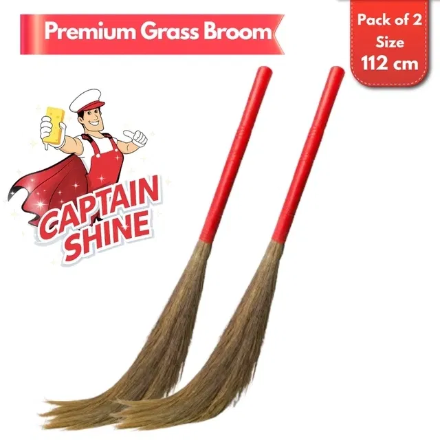 Captain Shine Premium Grass Broom with Plastic Handle, 2x425g [Net], 112cm (Pack of 2)