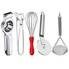 Stainless Steel Lemon Squeezer & Pakkad & Egg Whisk & Pizza Cutter & Potato Masher For Kitchen 