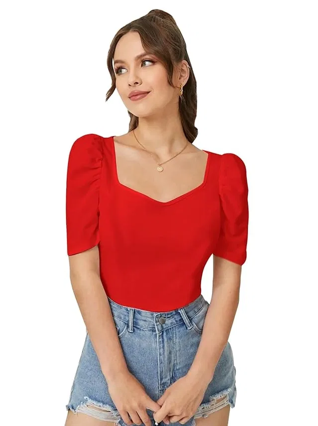 Sweetheart Neck Solid Top for Women (Red, S)
