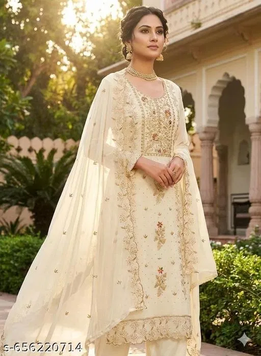 Georgette Punjabi/All Over Suits Semi-Stitched Suits (White, 6.25 meter for Women (L)