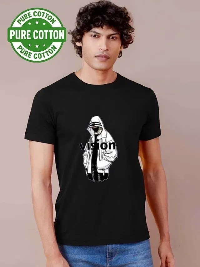 100% Cotton Round Neck Printed T-Shirt for Men (Black, XXL)