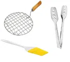 Stainless Steel Round Roasting Net with Serving Tong & Oil Brush (Silver, Set of 3)