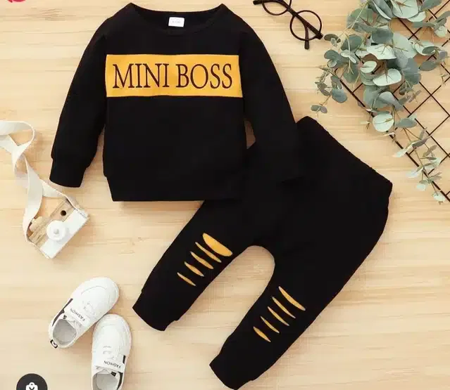 Full Sleeves Printed Top & Bottom Set for Kids (Black, 12-18 Months)