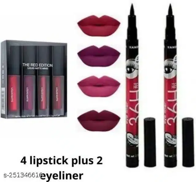 36H Eyeliner (2 Pcs) with 4 Pcs The Red Edition Liquid Lipstick (Multicolor, Set of 2)