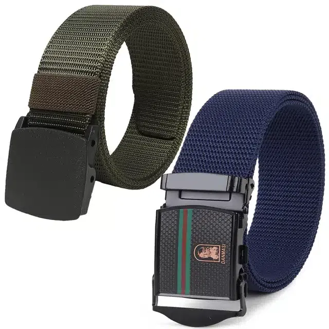 Casual Nylon Belts for Men (Green & Blue, Pack of 2)