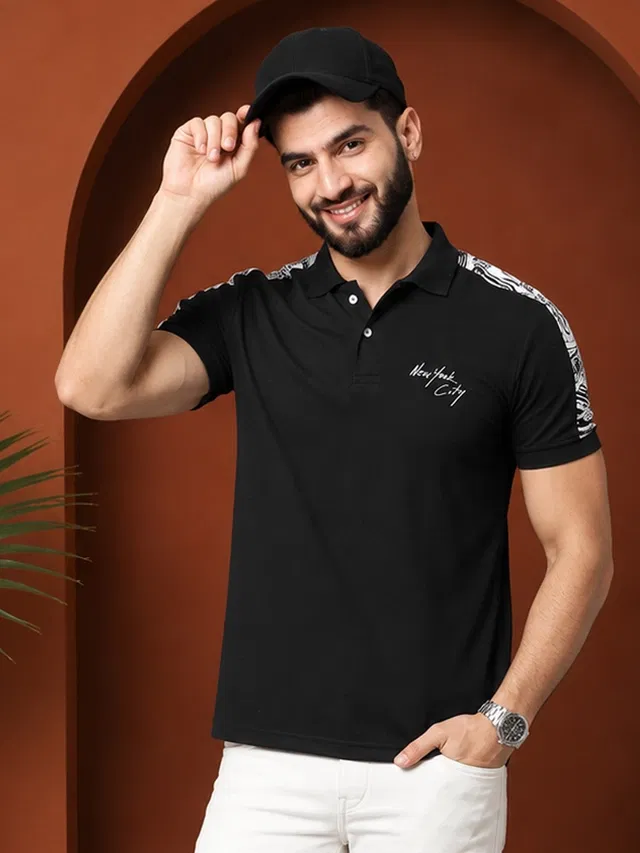 Polo Printed Short Sleeves T-shirt for Men (Black, XXL)