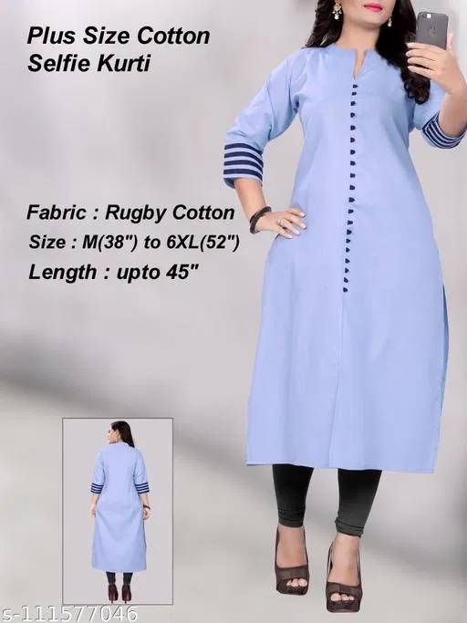 Solid Cotton Blend Kurti for Women (Aqua Blue, 4XL)